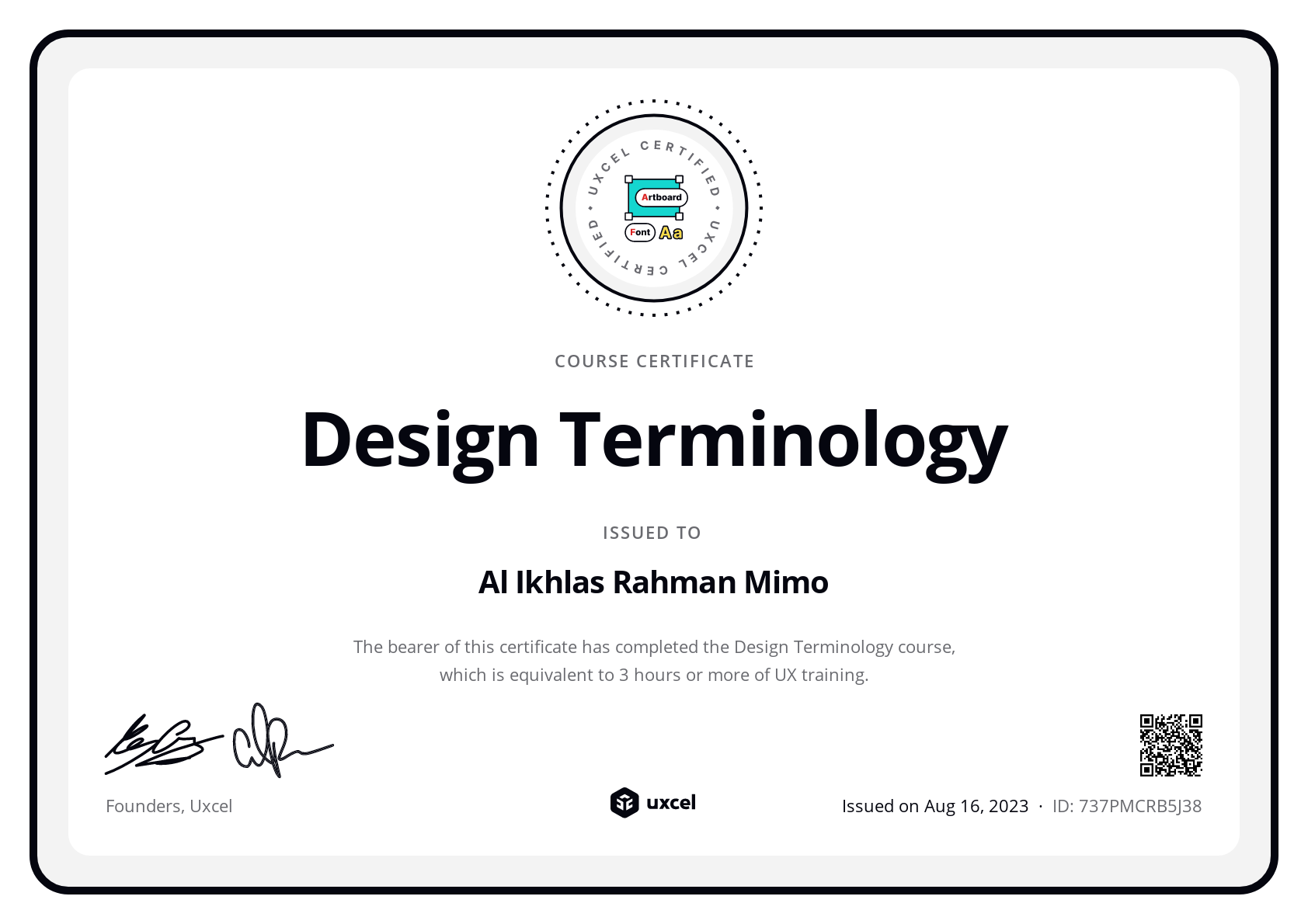 Al Ikhlas Rahman Mimo's certificate